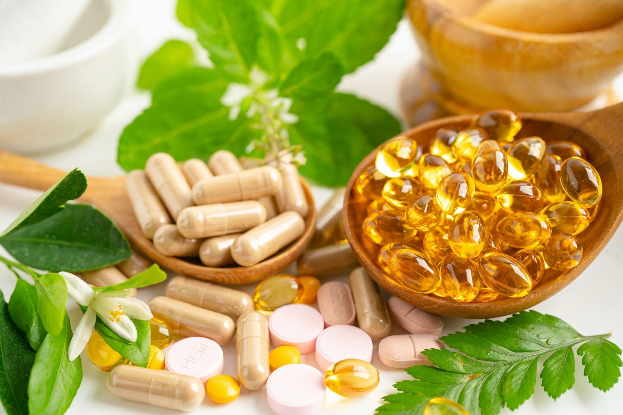 Alternative medicine herbal organic capsule with vitamin E omega 3 fish oil, mineral, drug
